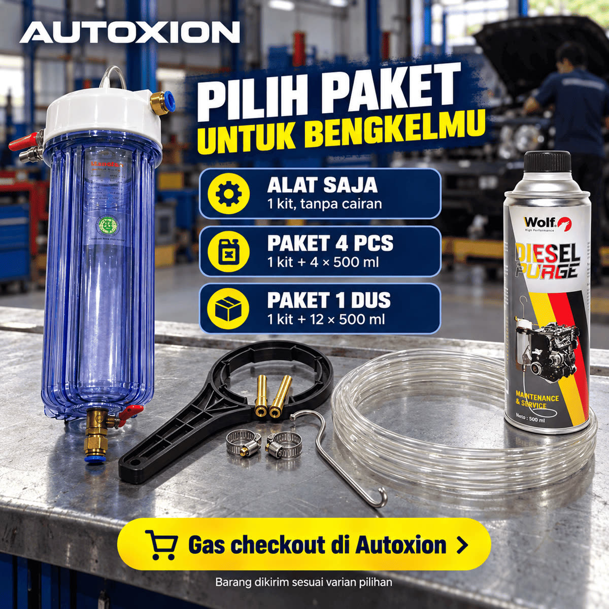 Alat diesel purging Autoxion: tabung reservoir transparan, selang bening, dan konektor