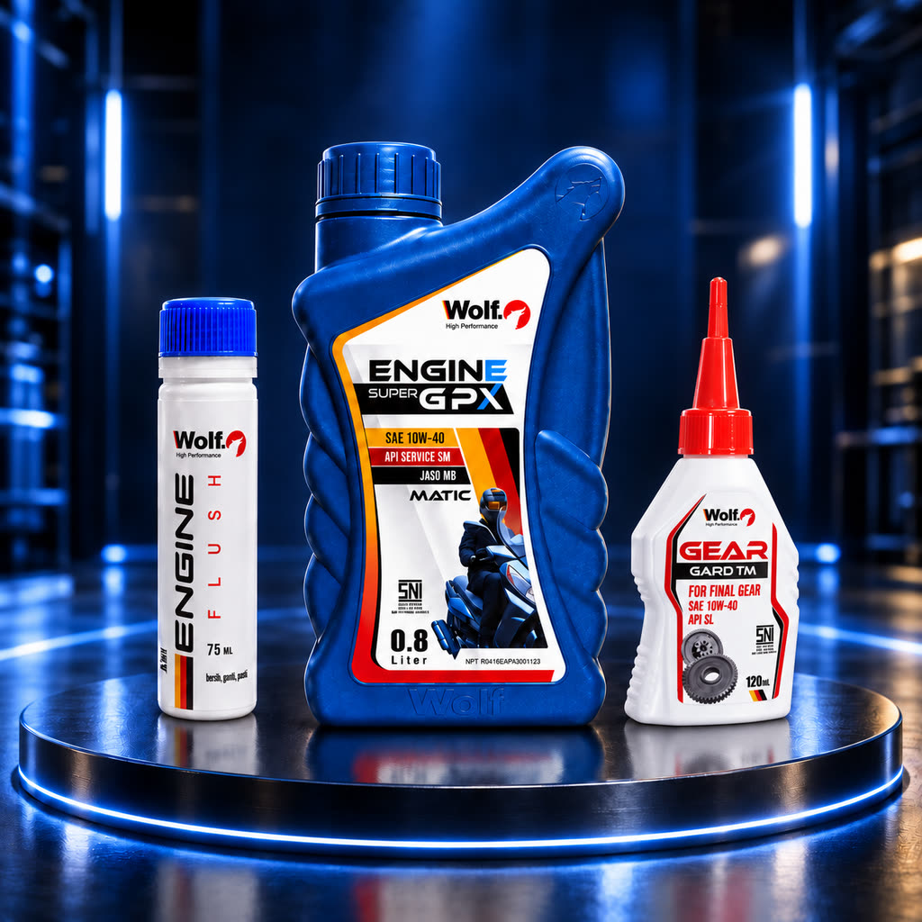 Paket WOLF oli mesin matic biru 0,8 L, Engine Flush 75 ml, dan contoh oli gardan varian 120 ml